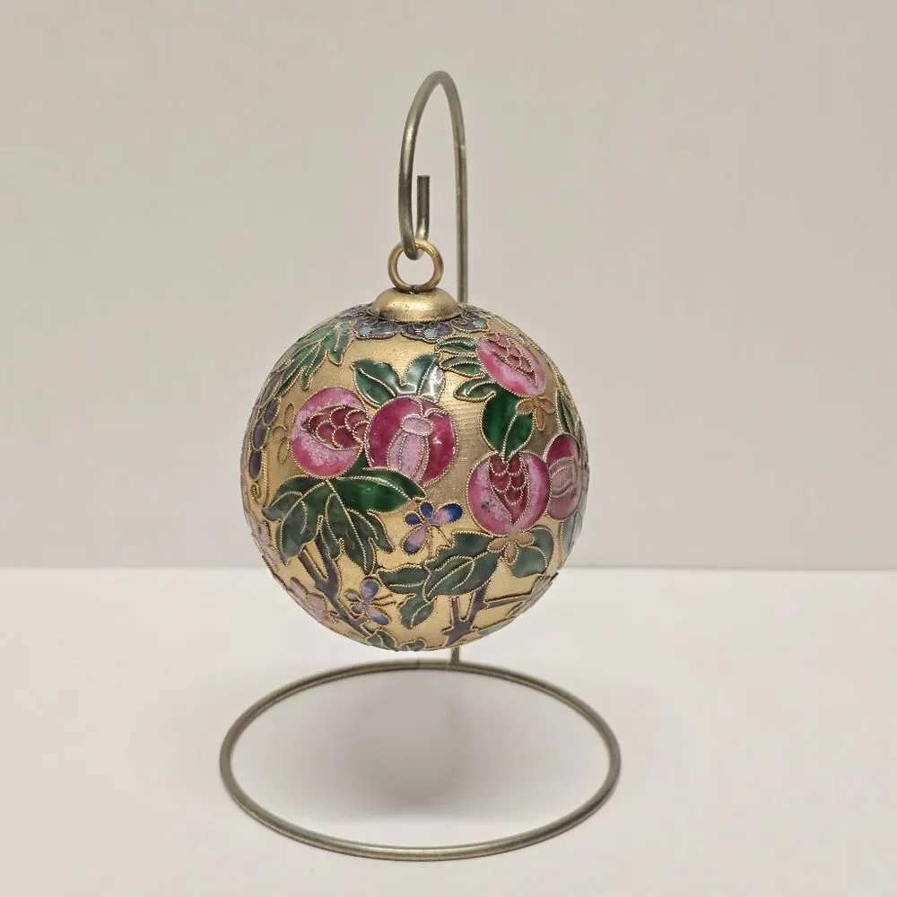 Vintage Floral Cloisonne Enameled Gold Ball Ornament With Stand Christmas Decor